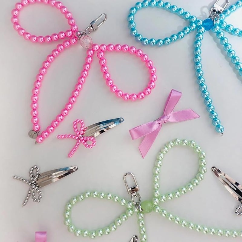 White Beaded Bowknot Phone Pendant Fashion Mobile Phone Bag Charm Decor - Image 4